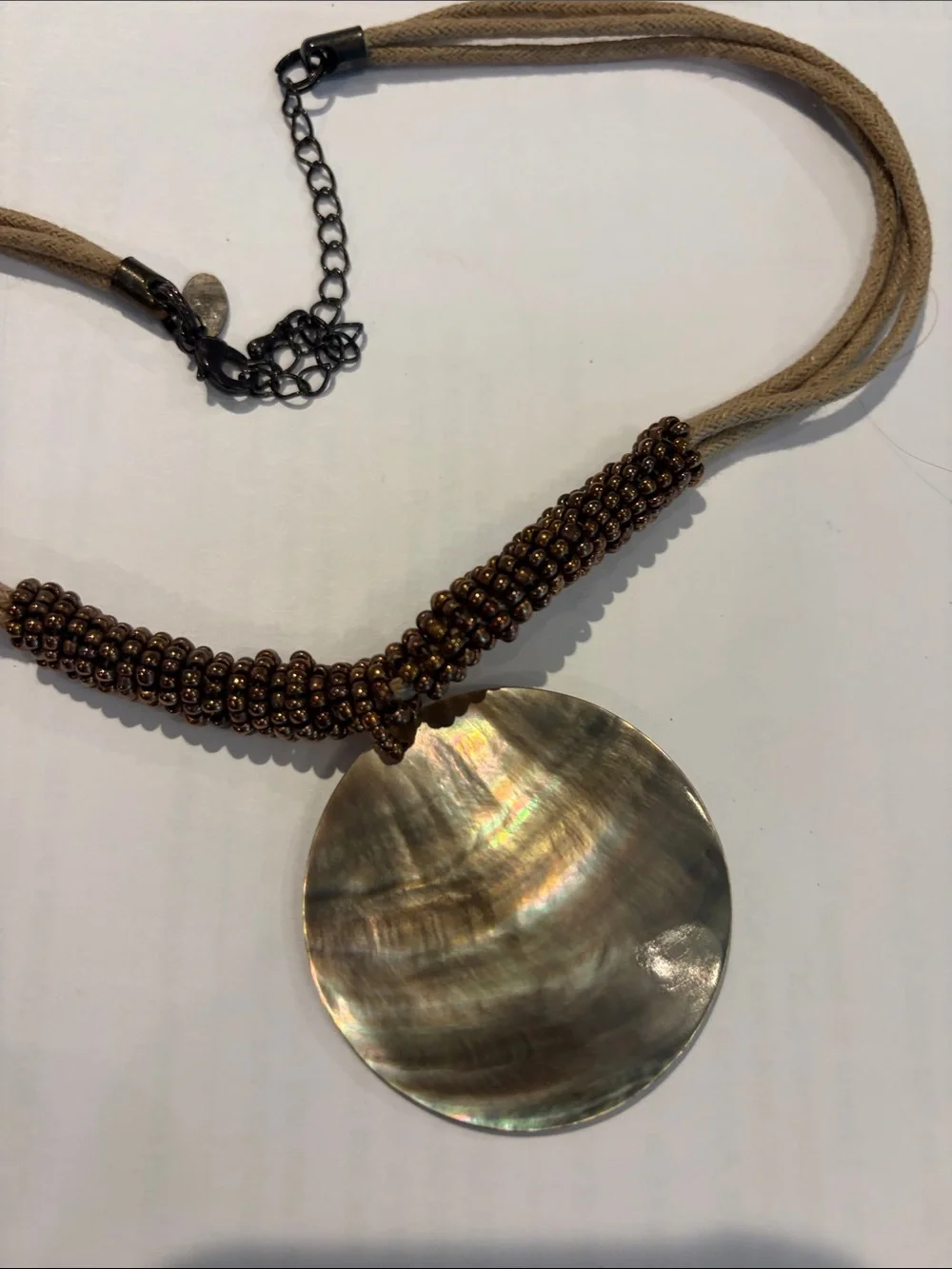 Women’s Beige Cord Necklace with Iridescent Shell Pendant